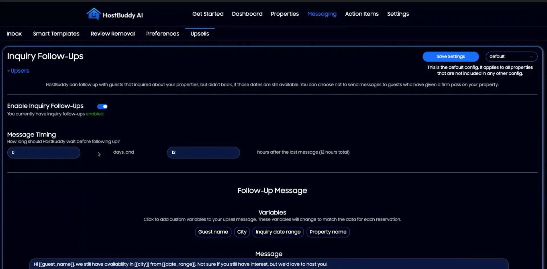 HostBuddy AI Messaging Upsells Inquiry Follow-Ups settings screen