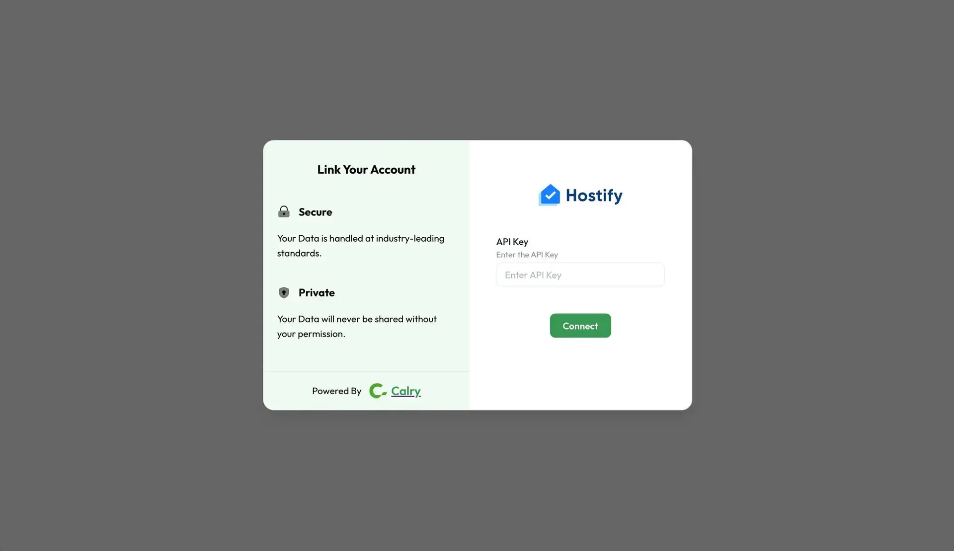 HostBuddy Hostify account linking screen with API Key entry and Connect button.