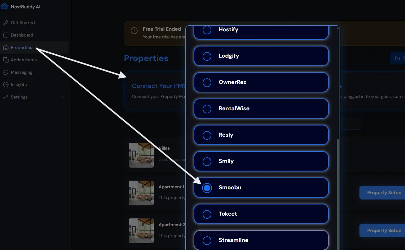 HostBuddy AI Properties section with PMS integration options including Smoobu.