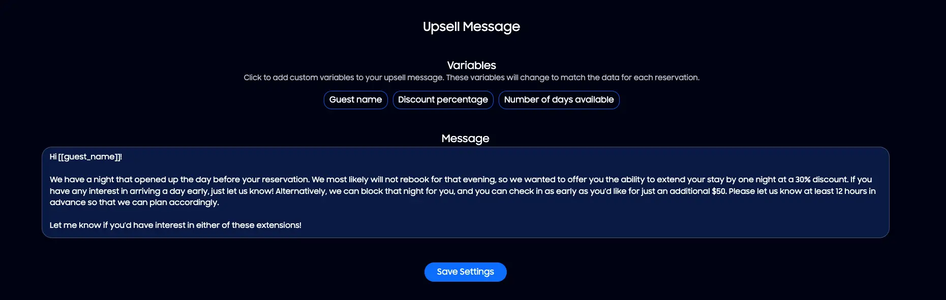 HostBuddy Upsell Message screen with variables and message template.