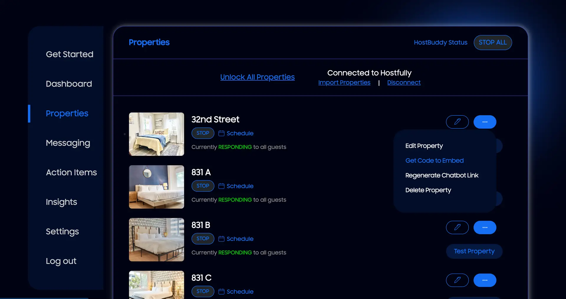 HostBuddy AI Properties section showing property management and chatbot embedding options.