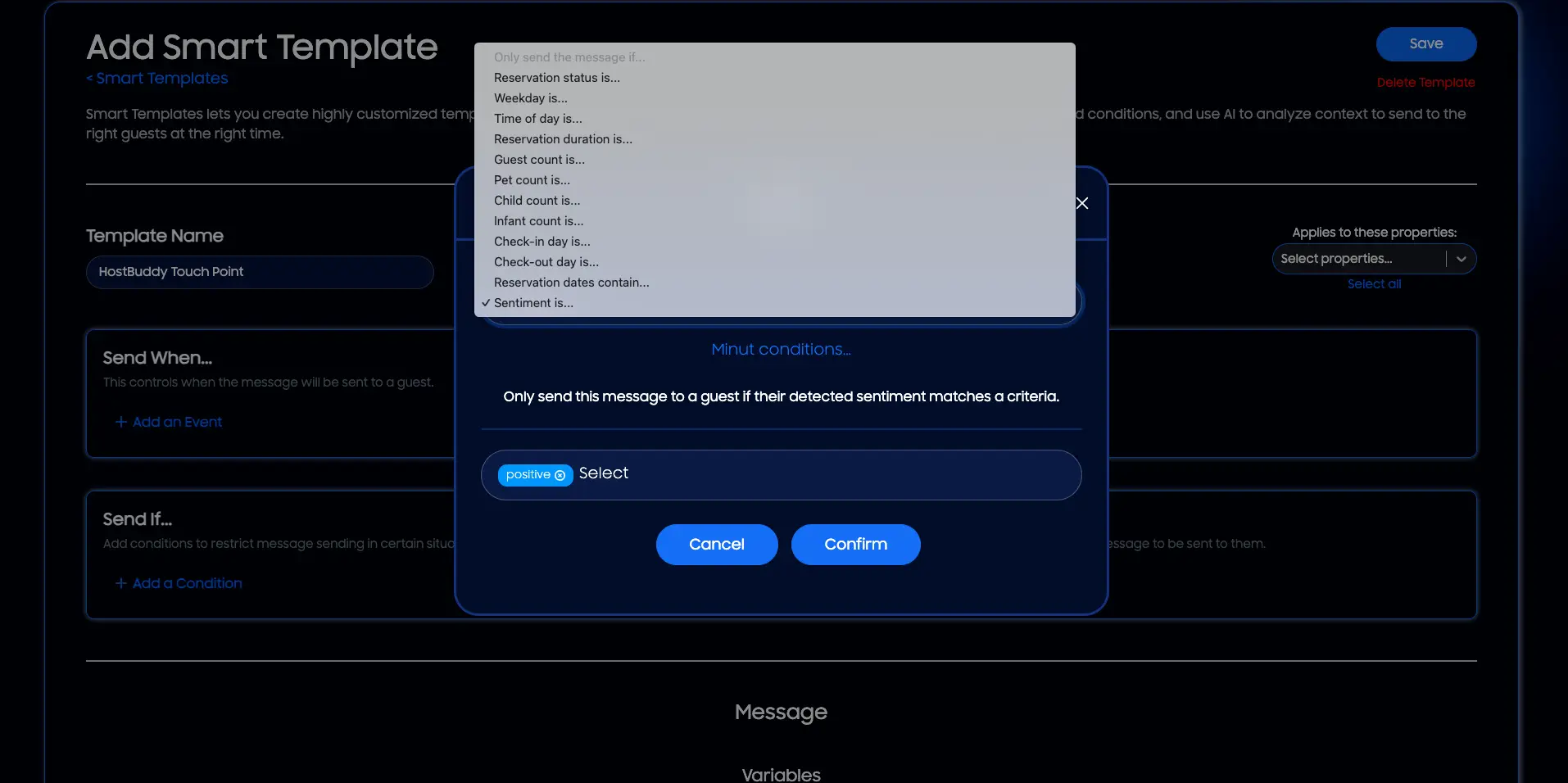 HostBuddy Add Smart Template screen with sentiment condition settings