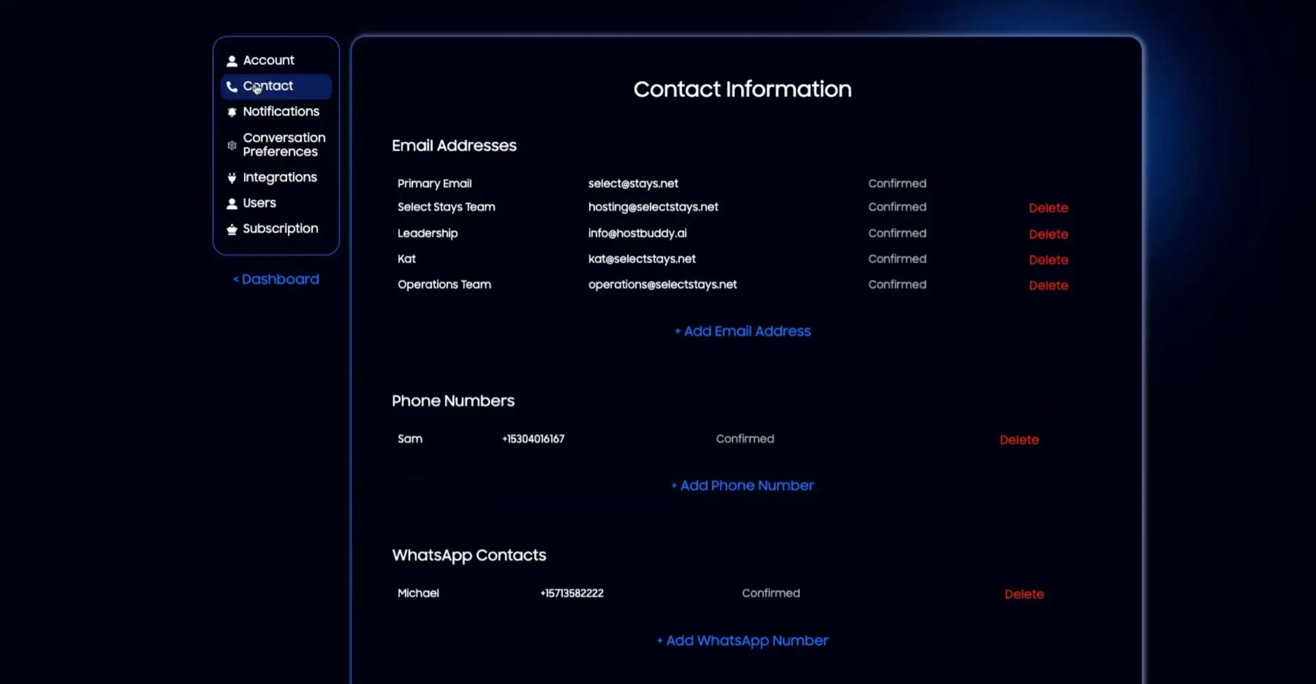 HostBuddy Settings - Contact Information screen showing email addresses, phone numbers, and WhatsApp contacts.