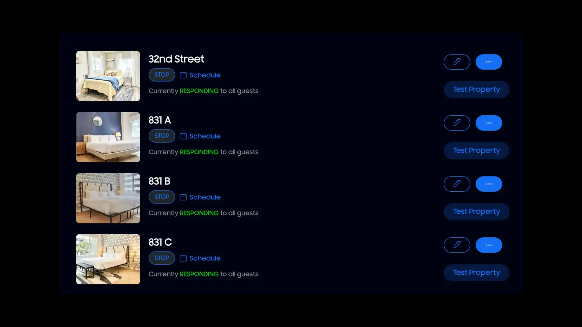 HostBuddy Going Live Scheduling screen showing properties with options to stop, schedule, and test.