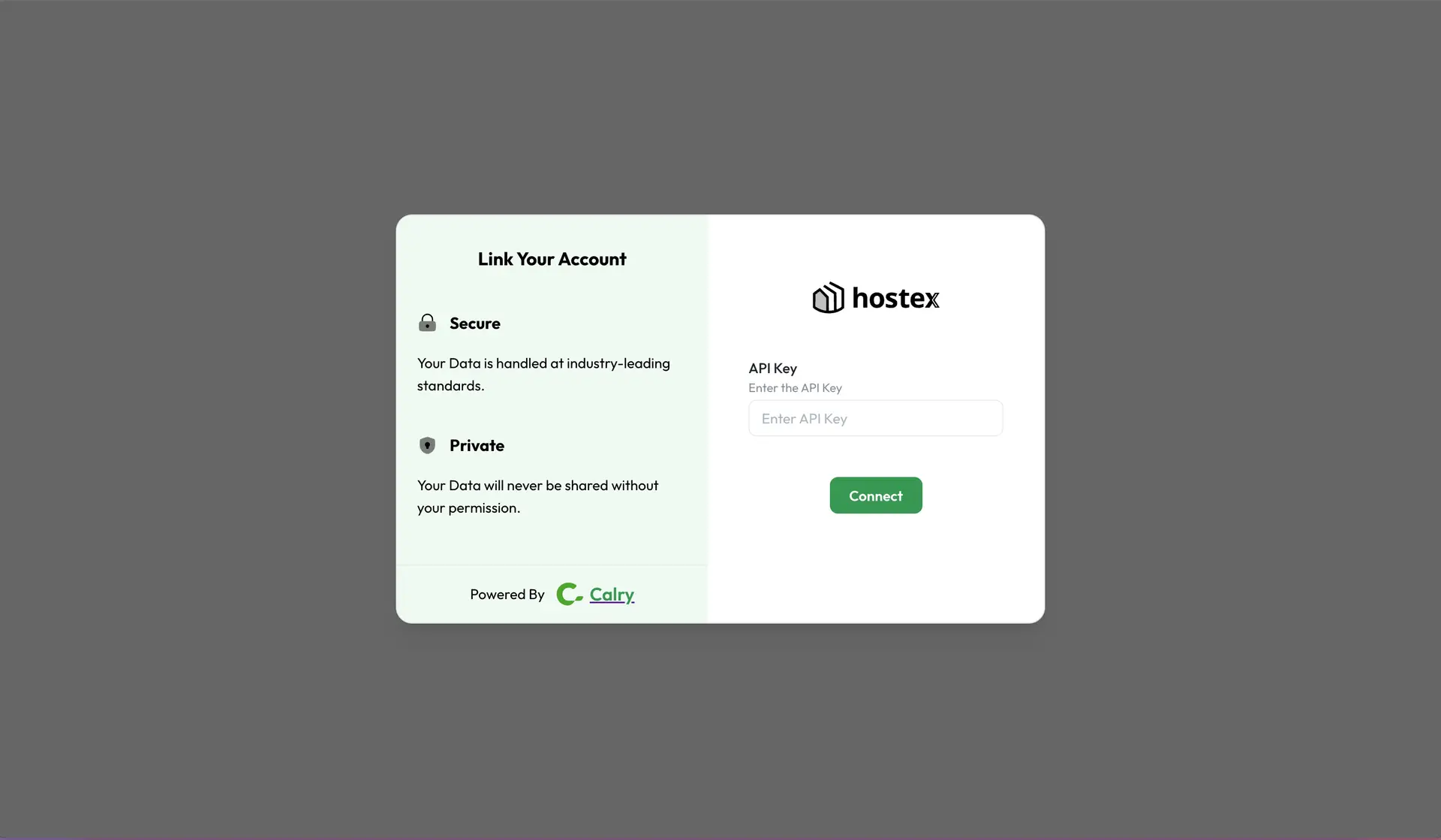 Hostex PMS Integration Guide screen for linking account with API key entry and connect button.