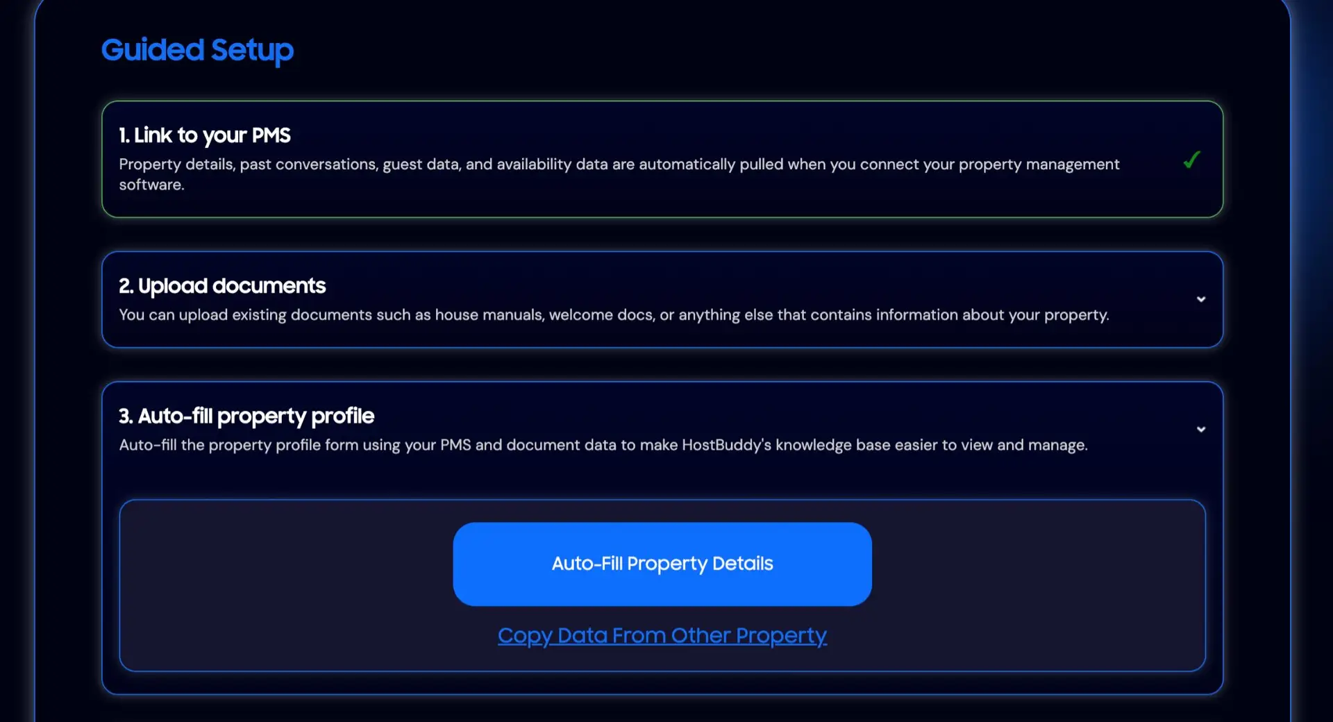 HostBuddy Guided Setup screen for linking PMS, uploading documents, and auto-filling property profile.