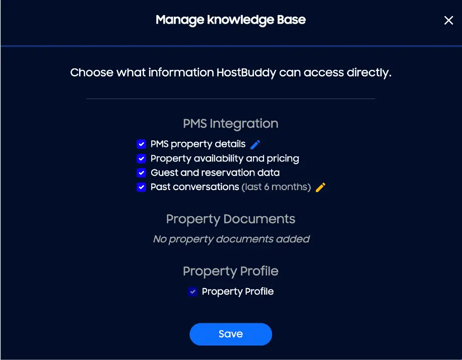 HostBuddy Manage Knowledge Base screen for selecting accessible information.