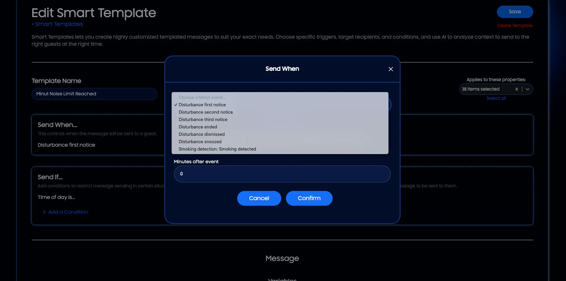 HostBuddy Edit Smart Template screen showing settings for Minut Noise Limit Reached with event triggers and conditions.