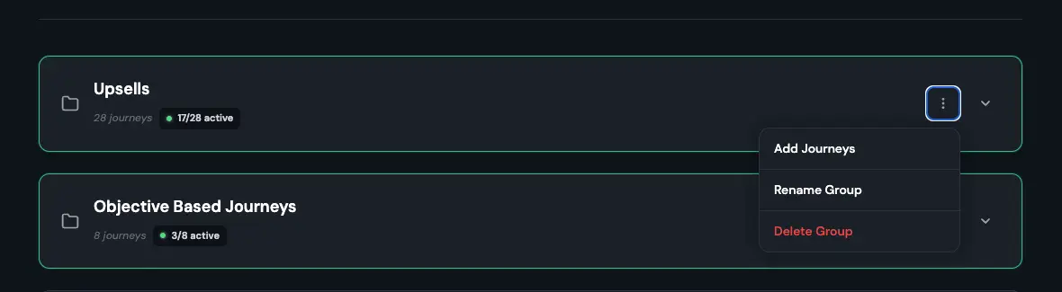 HostBuddy Messaging Overview screen showing journey groups 'Upsells' and 'Objective Based Journeys' with active journey counts and menu options.