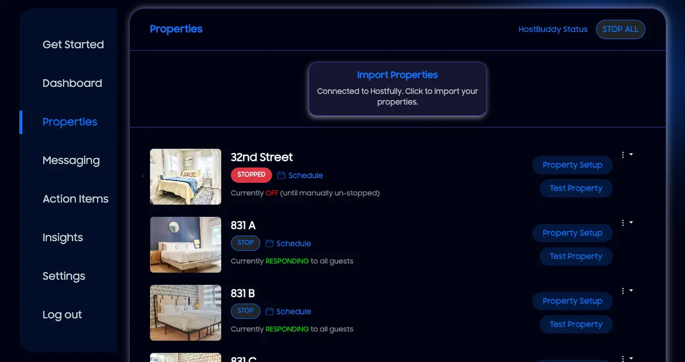 HostBuddy AI Properties screen showing property management options and status indicators.