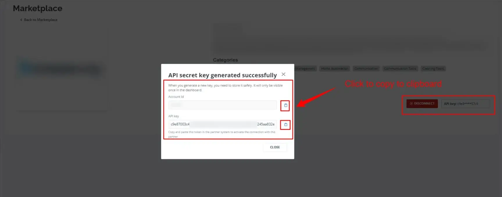 HostBuddy Marketplace API secret key generated successfully pop-up with copy options and disconnect button.