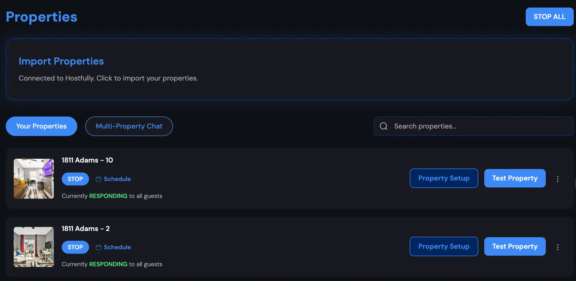 HostBuddy Properties screen showing property management options and communication settings.