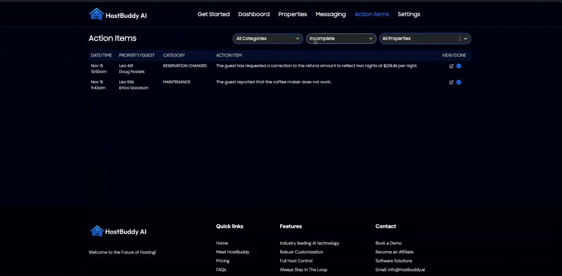 HostBuddy AI Action Items page showing a list of action items with filters and navigation options.