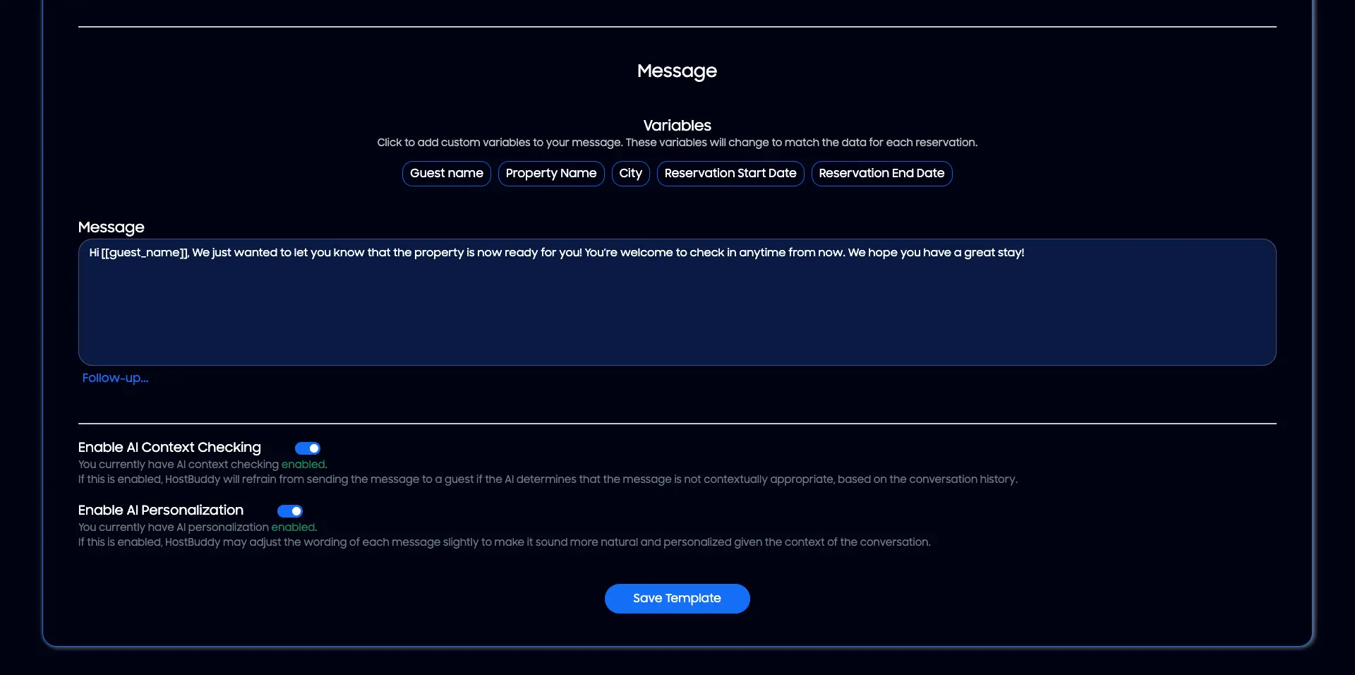 HostBuddy Integrations Settings screen showing message customization options with variables and AI settings.