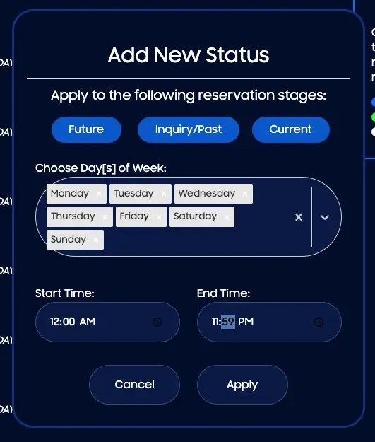 HostBuddy Add New Status screen for reservation stages