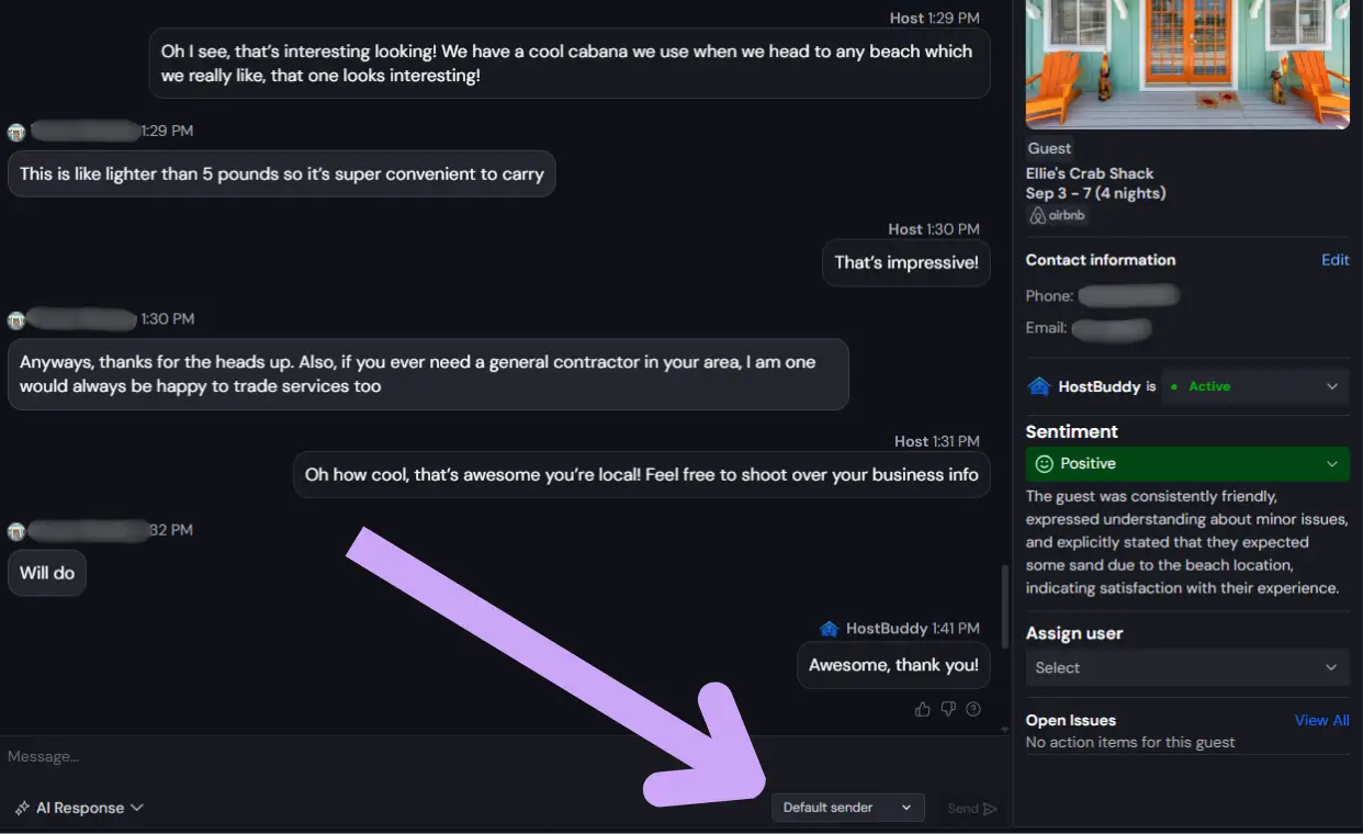 HostBuddy AI conversation interface showing chat history and guest information for Ellie’s Crab Shack stay from Sep 3 to 7.