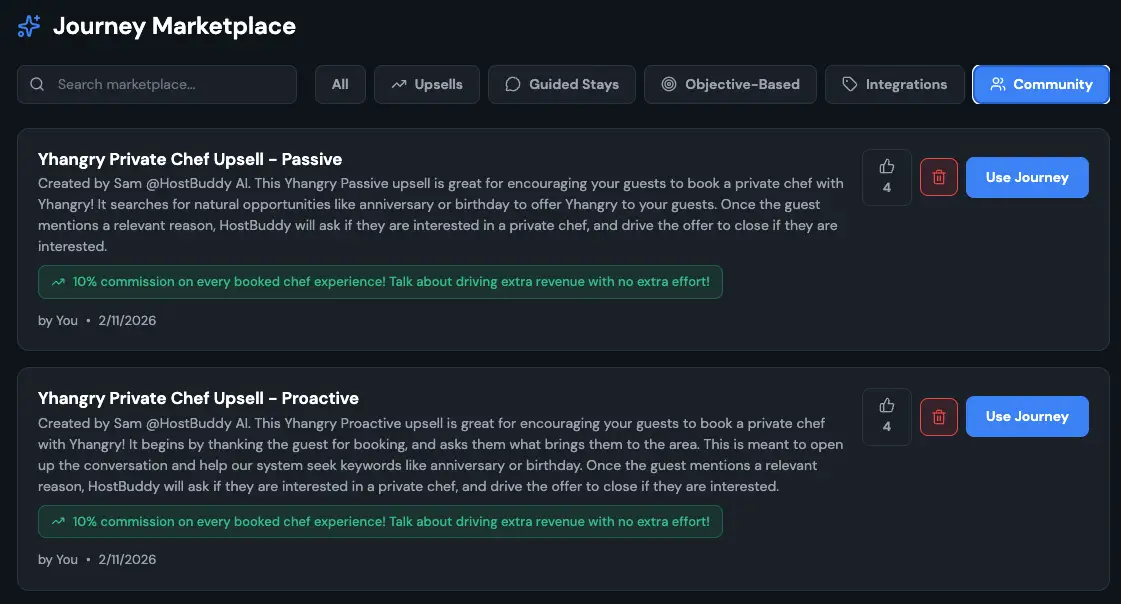 HostBuddy Journey Marketplace showing Yhangry Private Chef Upsell options.