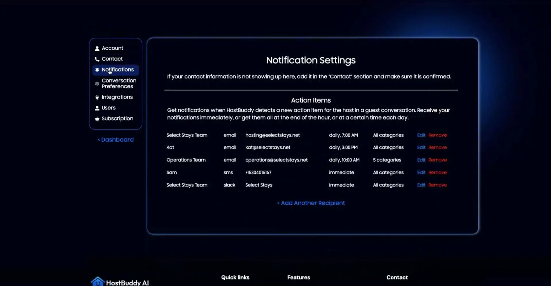 HostBuddy AI Notification Settings page showing notification preferences and options to edit or remove them.