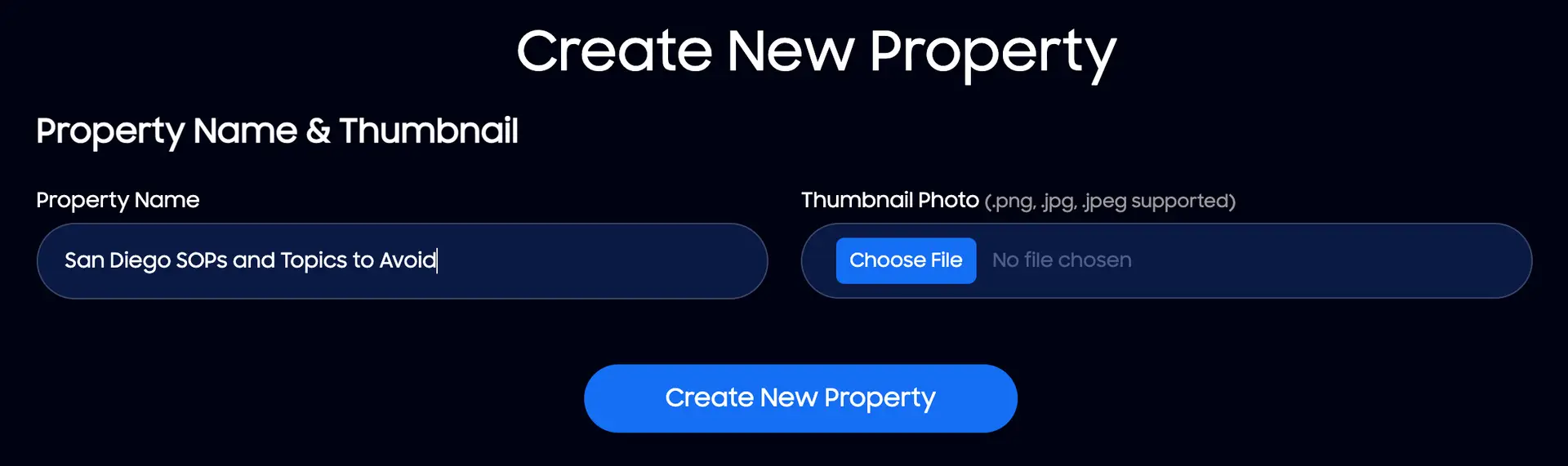HostBuddy Create New Property screen with fields for property name and thumbnail photo upload.