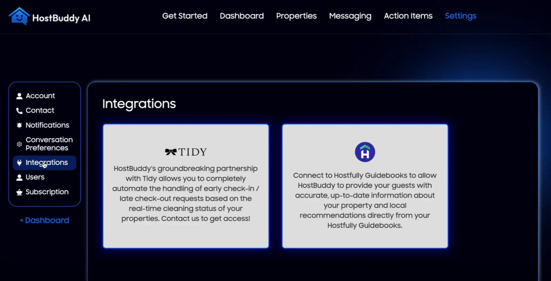 HostBuddy AI Integrations page showing partnerships with Tidy and Hostfully Guidebooks.