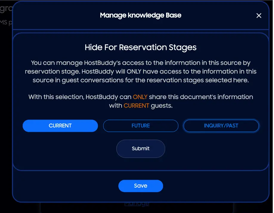 HostBuddy Manage Knowledge Base screen for hiding information by reservation stages.