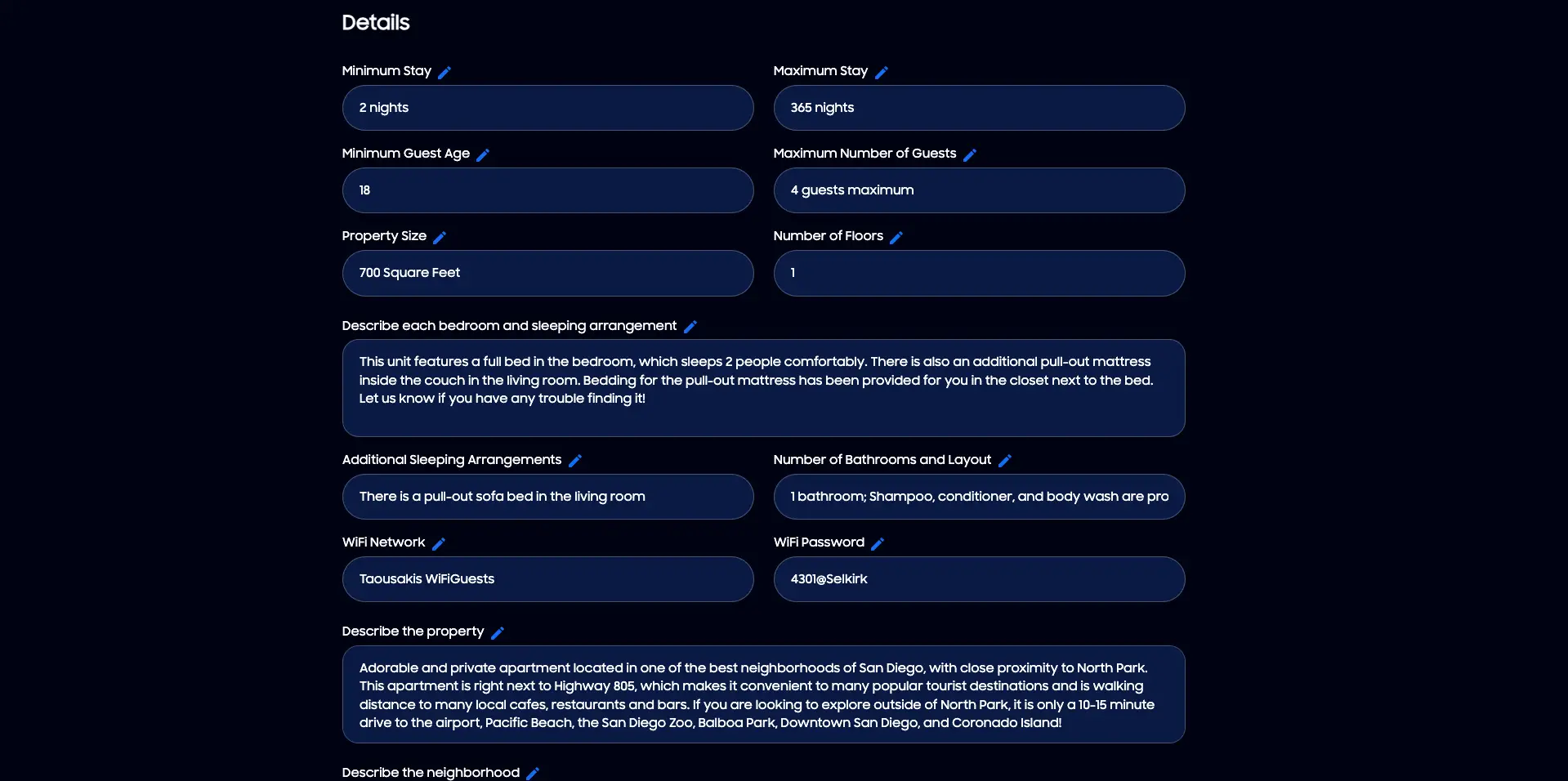 HostBuddy Properties Page Details section showing property information fields and descriptions.