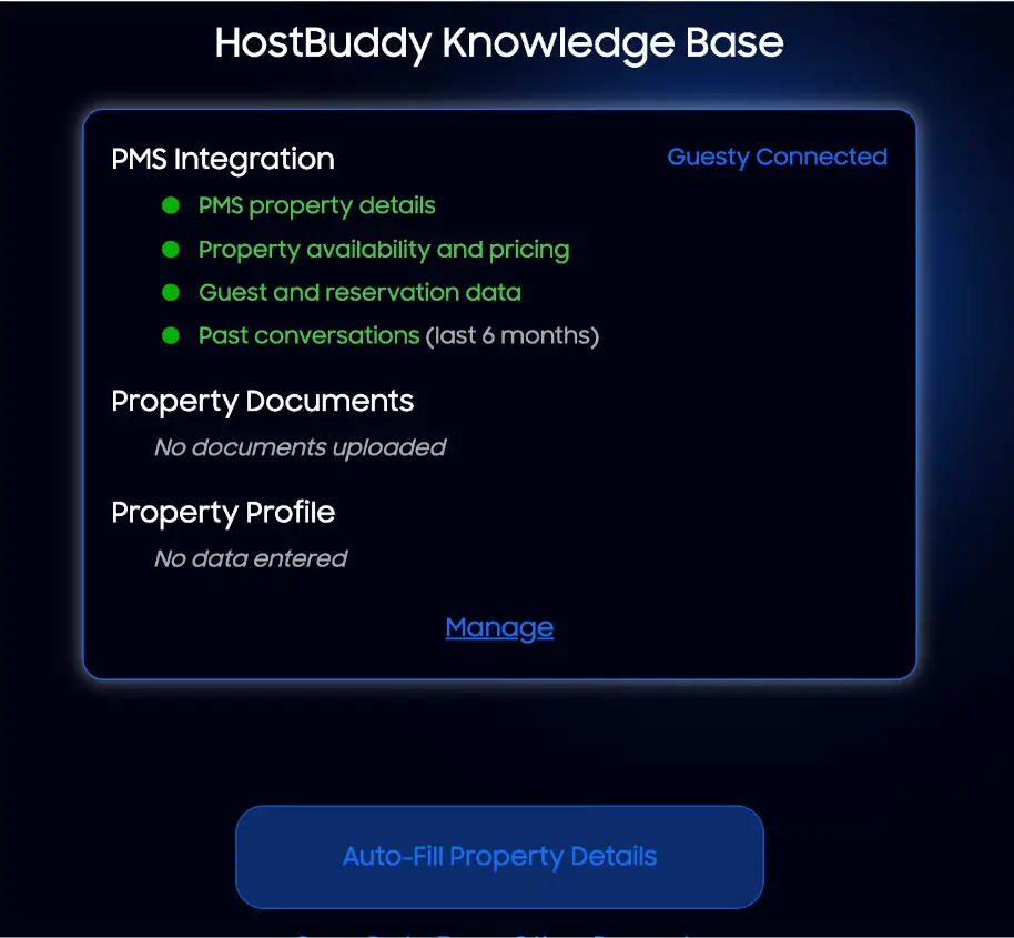 HostBuddy Knowledge Base screen showing PMS Integration with Guesty connected and options to manage property details.