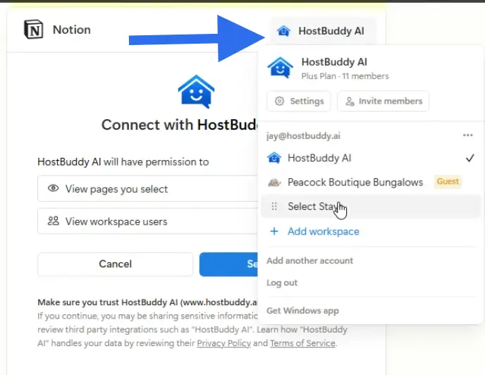 Notion integration with HostBuddy AI showing permissions and workspace selection
