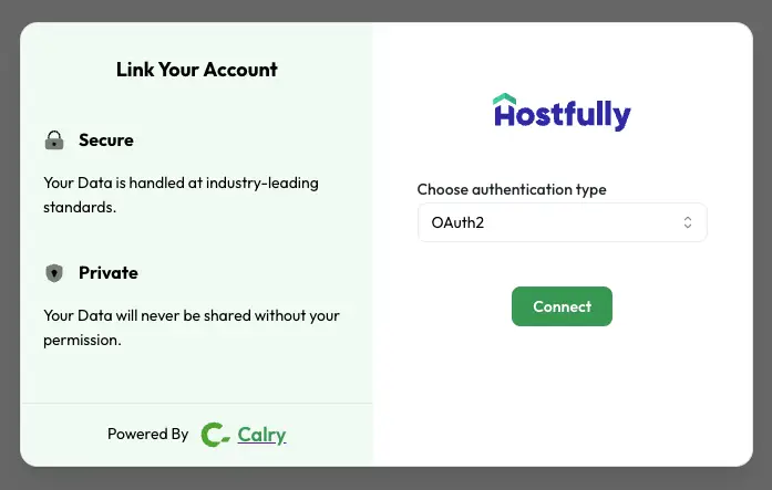 Hostfully PMS Integration Guide screen for linking account with authentication type selection and connect button.