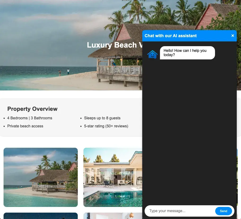 Luxury Beach Villa webpage with AI assistant chat window open