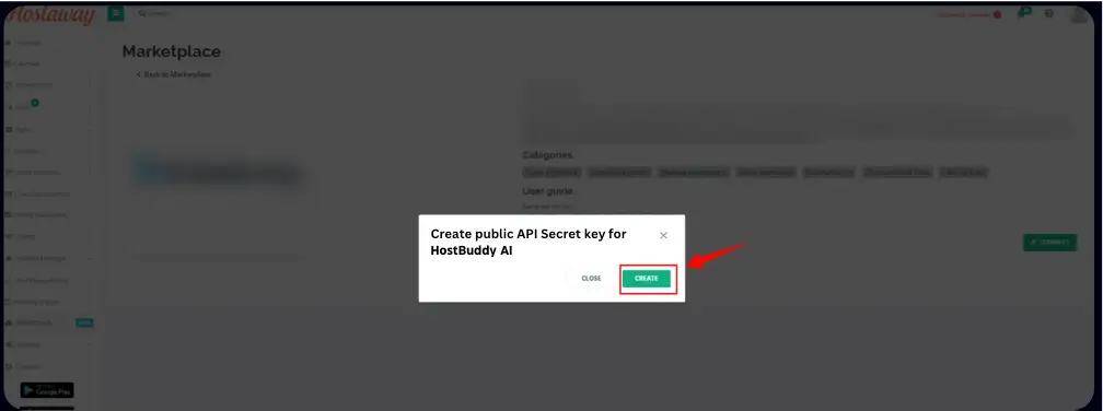 Hostaway Marketplace pop-up for creating API secret key for HostBuddy AI.