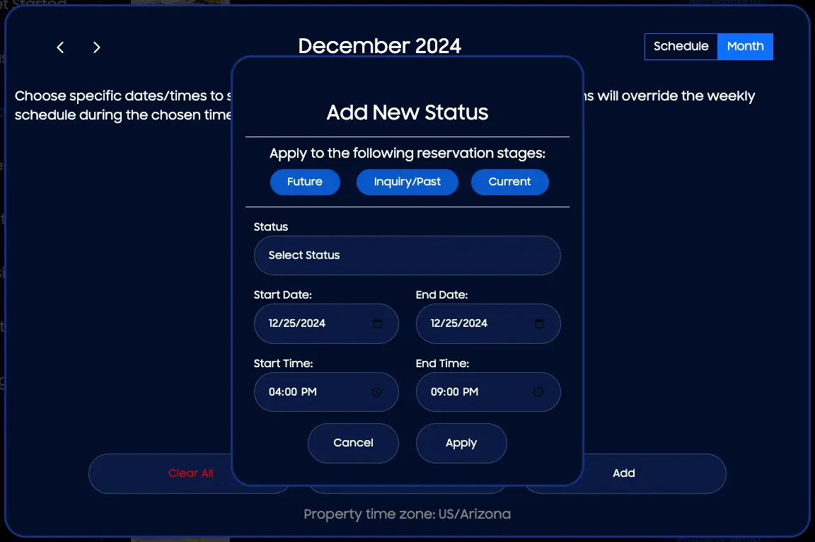 HostBuddy AI Add New Status screen for December 2024 with options to set status for reservation stages.