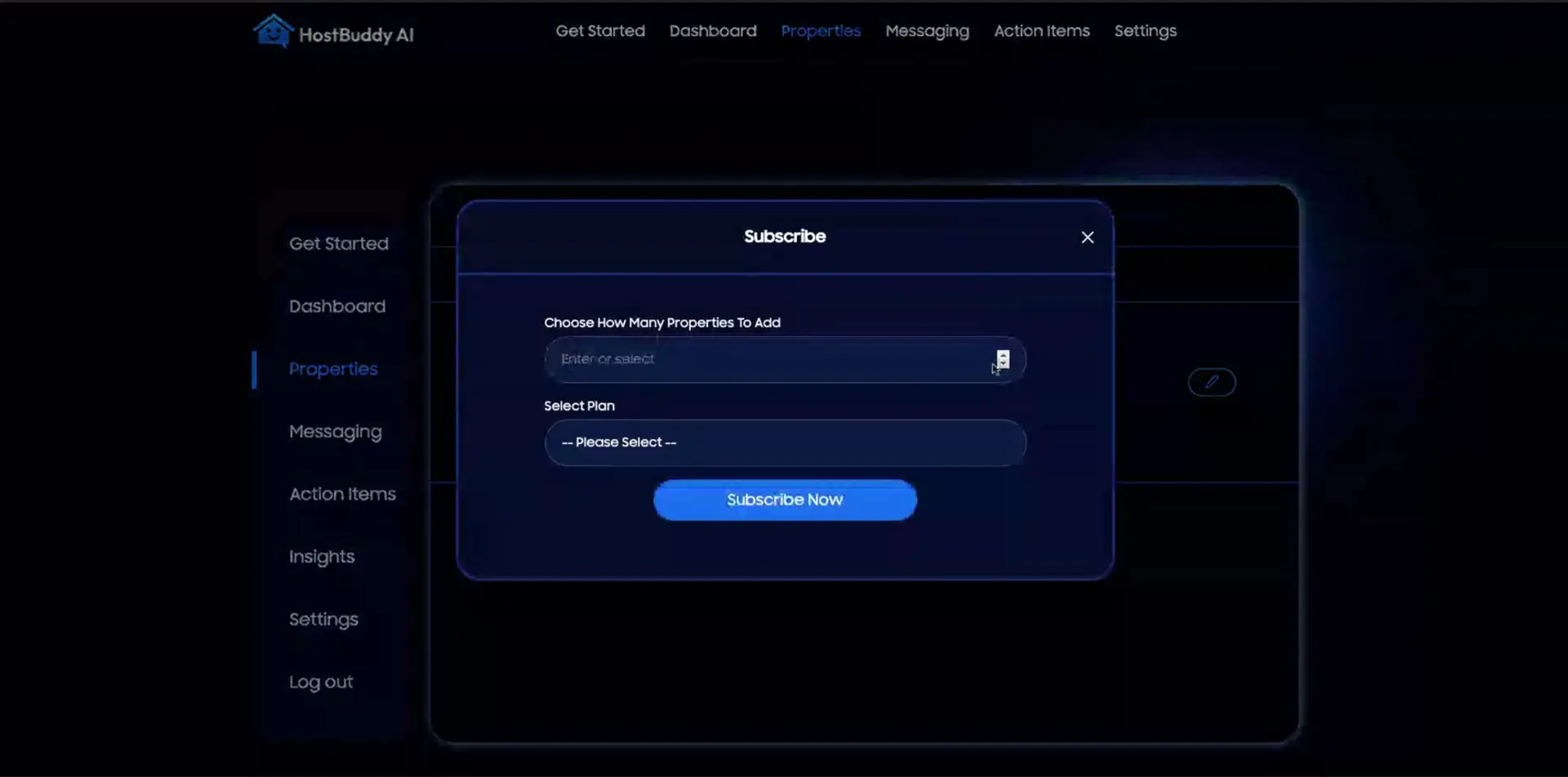 HostBuddy AI Subscribe screen in Properties section