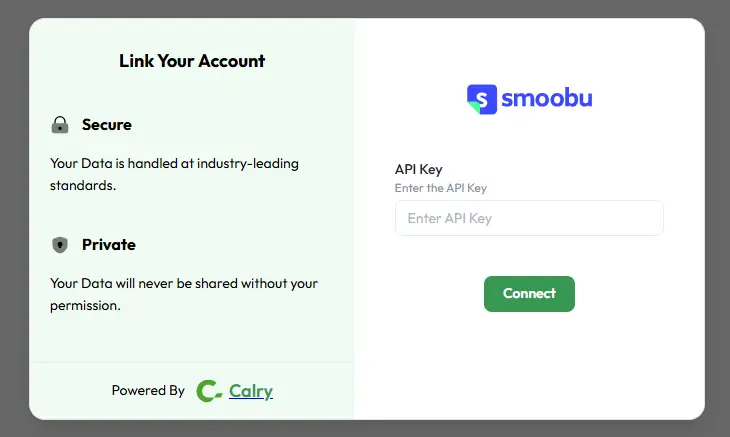 Link Your Account screen for Smoobu integration with HostBuddy, featuring API Key input and Connect button.