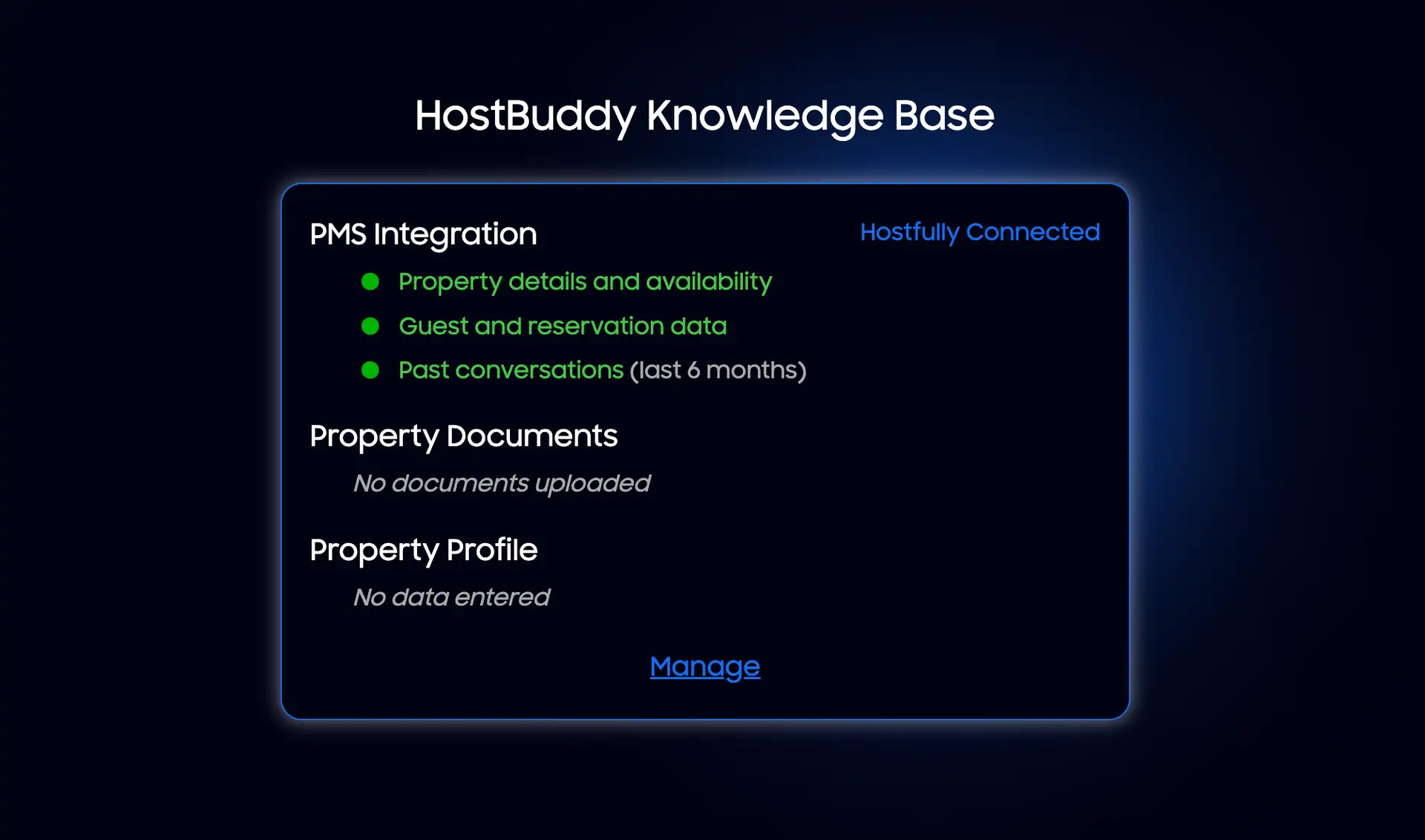 HostBuddy Knowledge Base Quick Start screen showing PMS Integration status and options to manage property documents and profile.