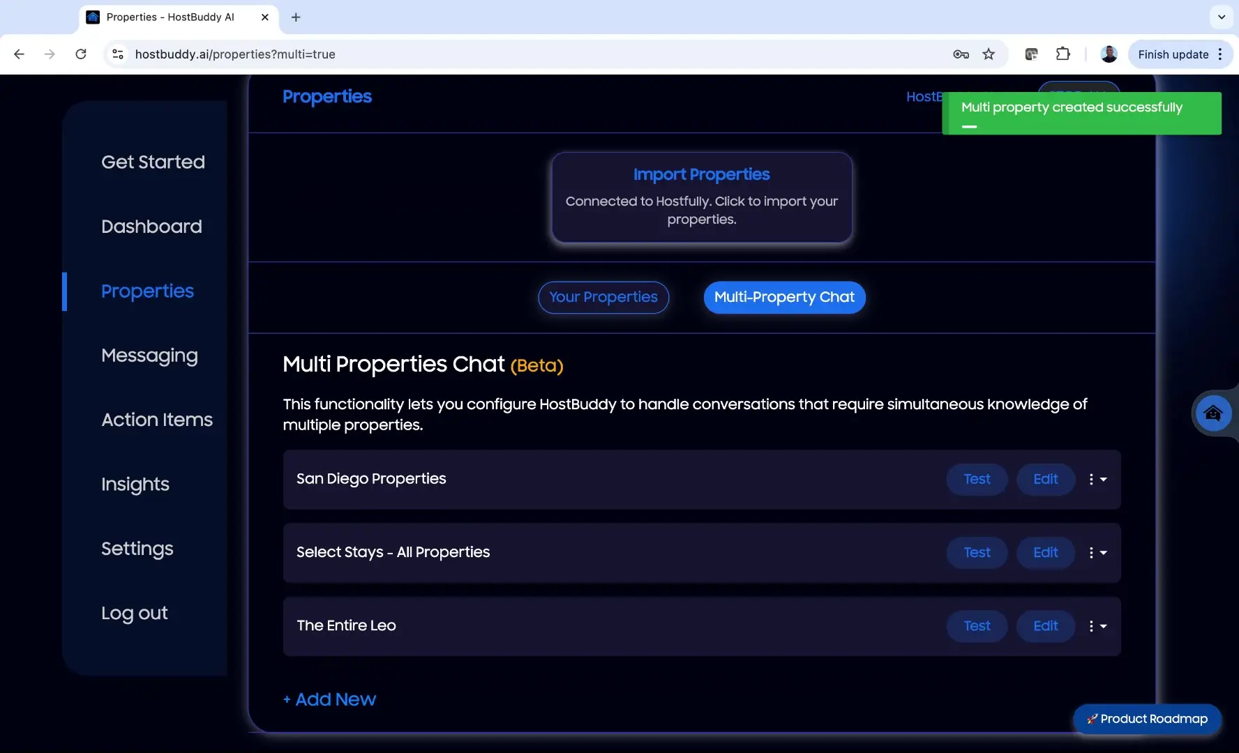 HostBuddy AI Multi-Property Chat setup screen showing property management options.