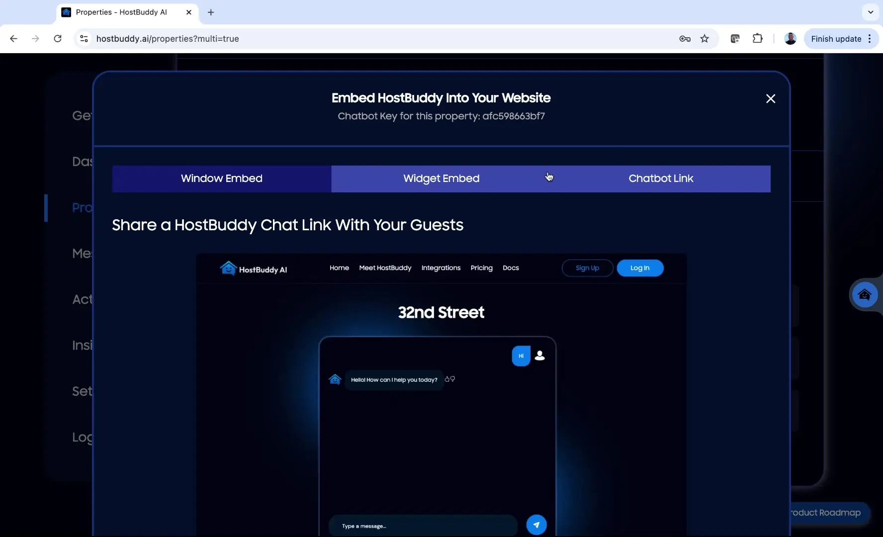 HostBuddy AI properties page showing chat link sharing options.