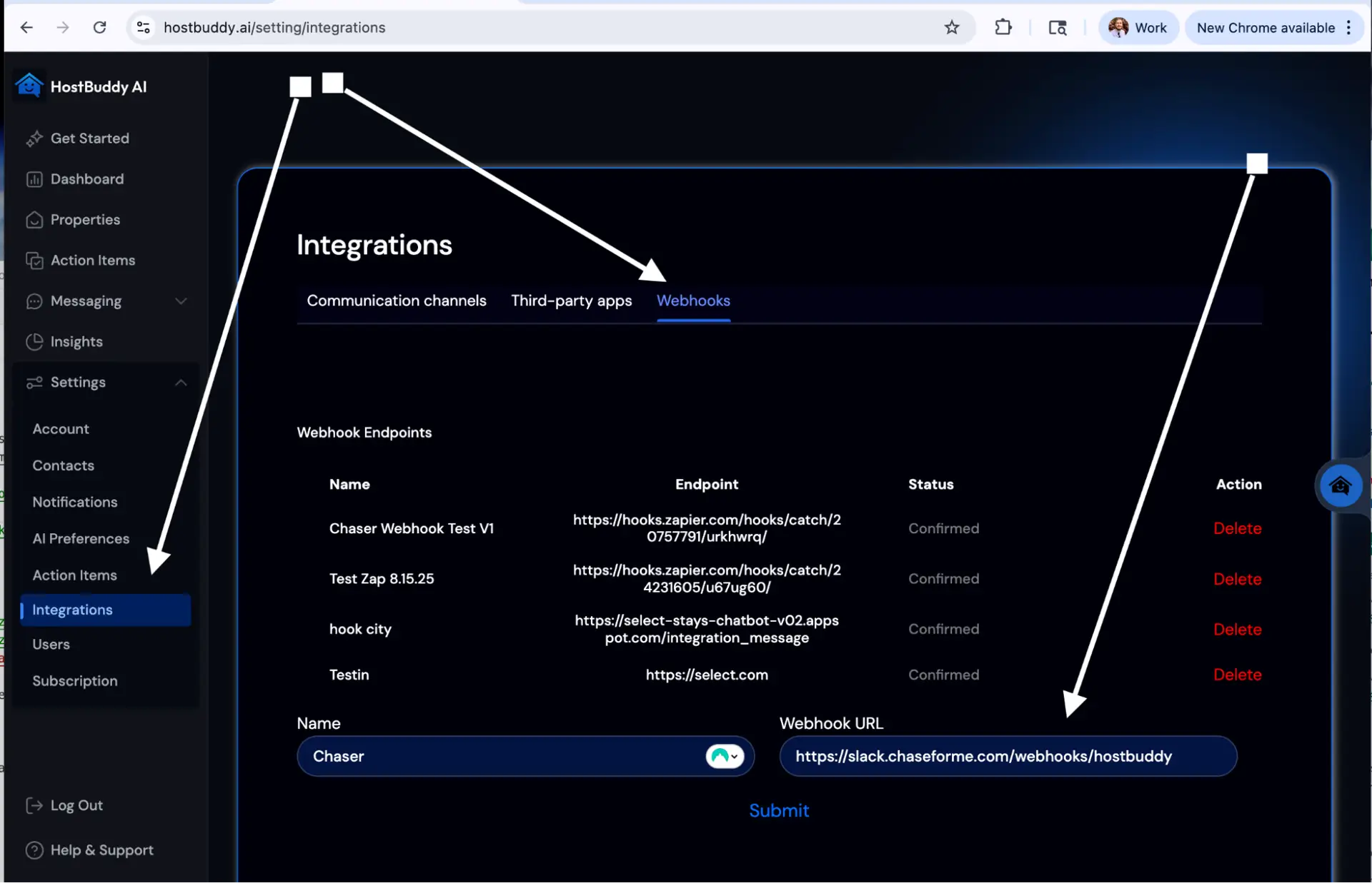 HostBuddy AI Integrations Webhooks settings page showing webhook endpoints and options to delete or submit new webhook URLs.