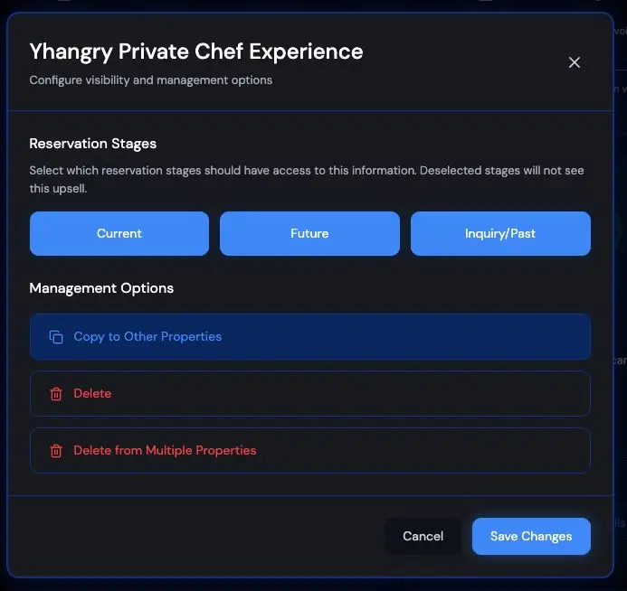 The screenshot displays the configuration options for the "Yhangry Private Chef Experience," allowing users to manage visibility and settings for different reservation stages and management options.