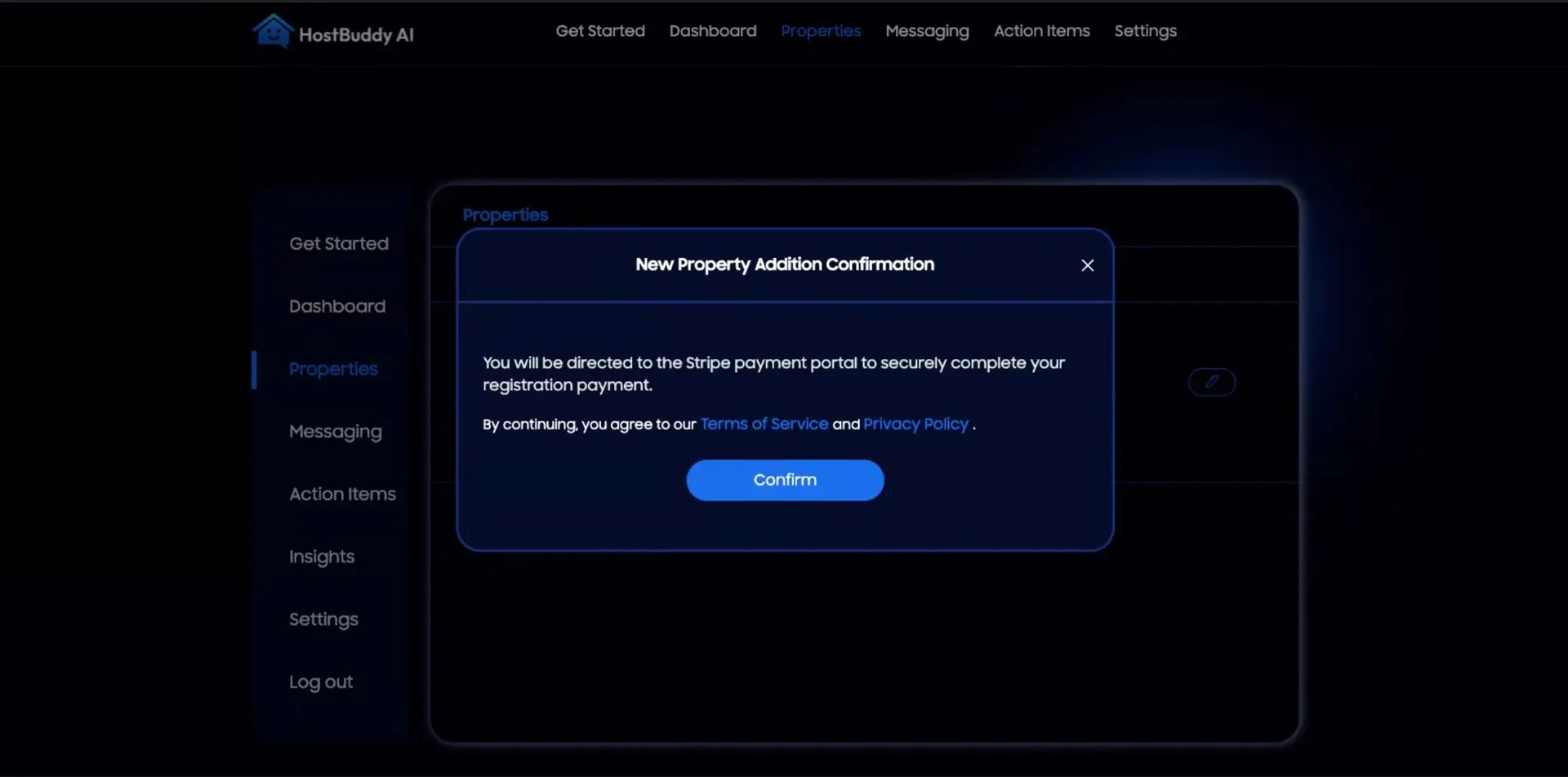 HostBuddy AI Properties section with New Property Addition Confirmation dialog