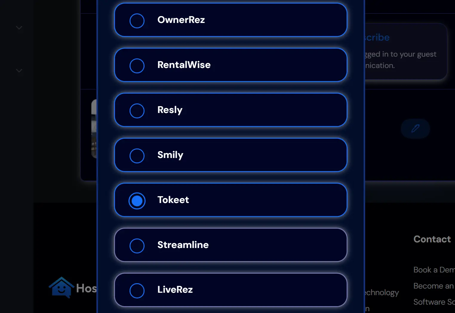 HostBuddy AI PMS Integration selection screen showing Tokeet selected among other options like OwnerRez, RentalWise, Resly, Smily, Streamline, and LiveRez.
