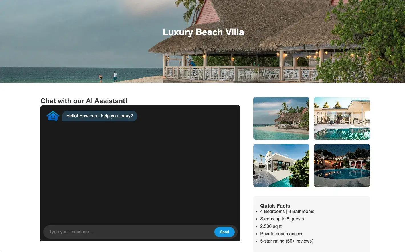 Luxury Beach Villa webpage with AI Assistant chat and villa details