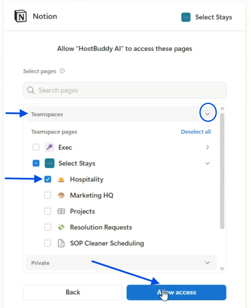 Notion integration page for allowing HostBuddy AI access to selected pages