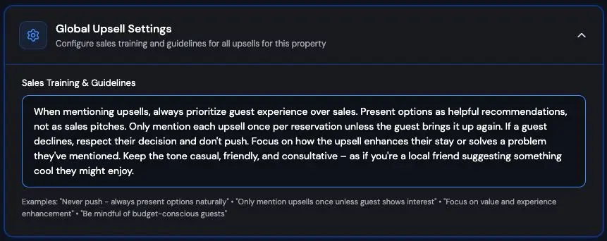 The screenshot displays the Global Upsell Settings section, providing sales training and guidelines for upselling to guests, emphasizing a guest-centric approach.