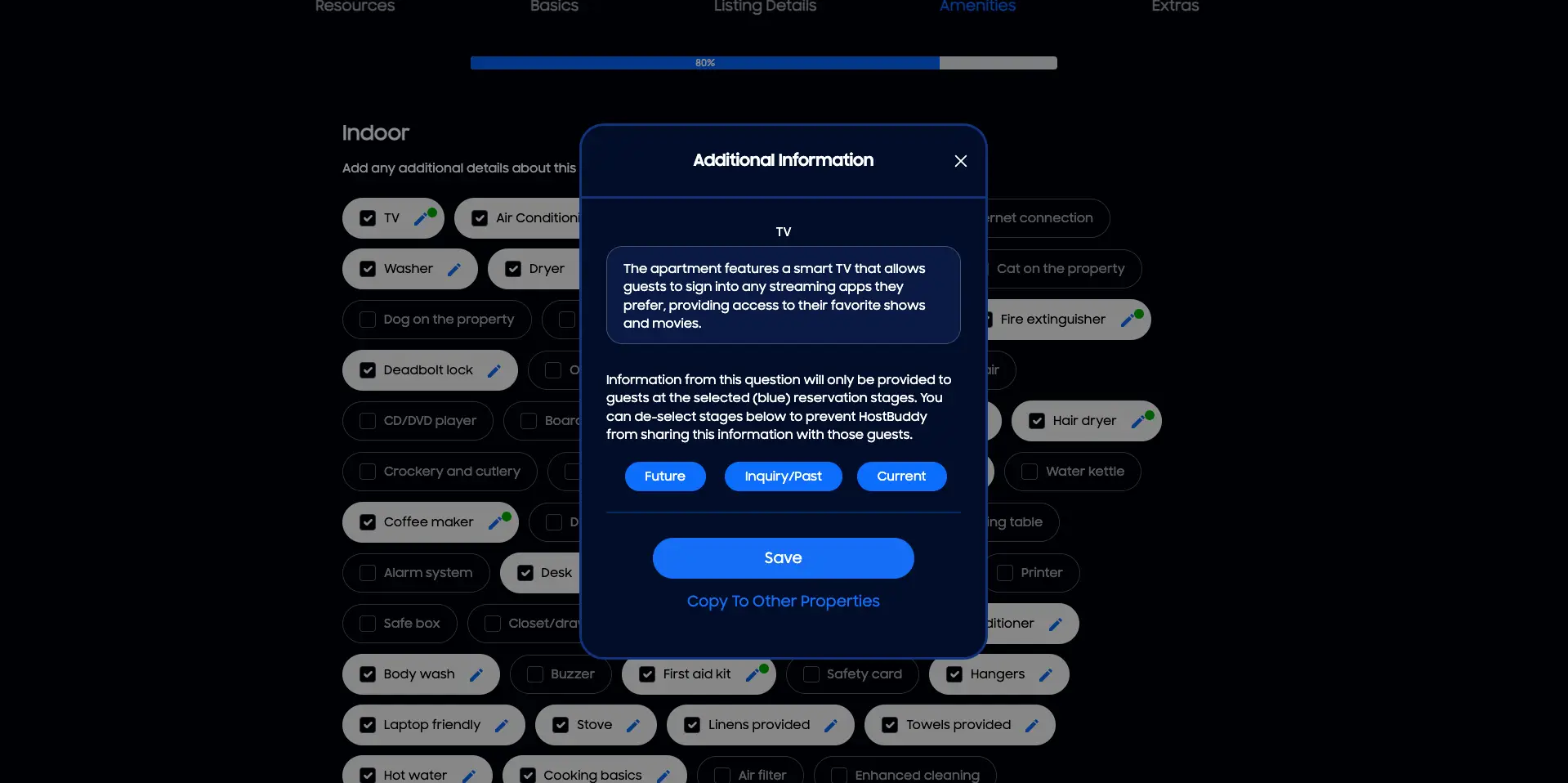 HostBuddy Properties Page - Amenities section with Additional Information pop-up for TV
