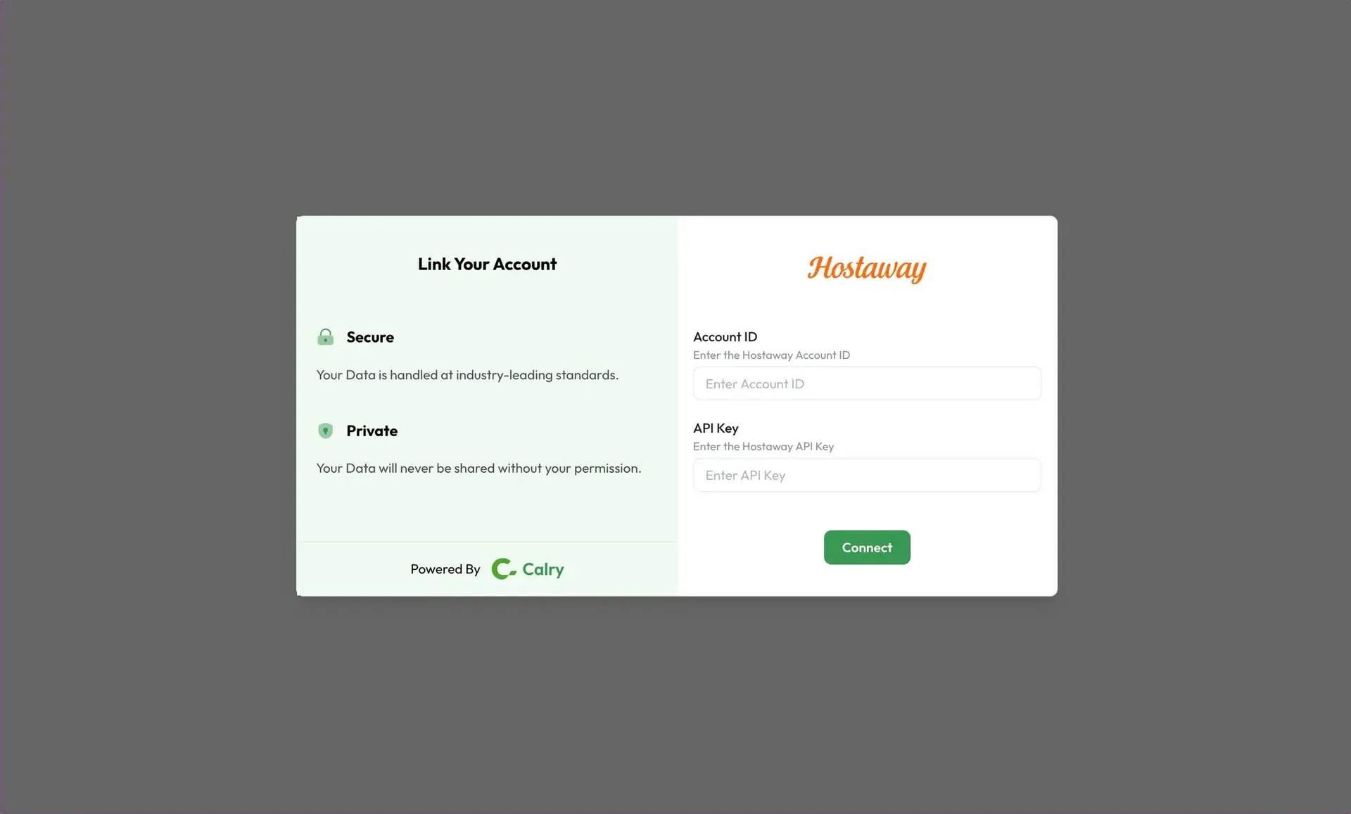 HostBuddy Hostaway account linking interface with fields for Account ID and API Key.