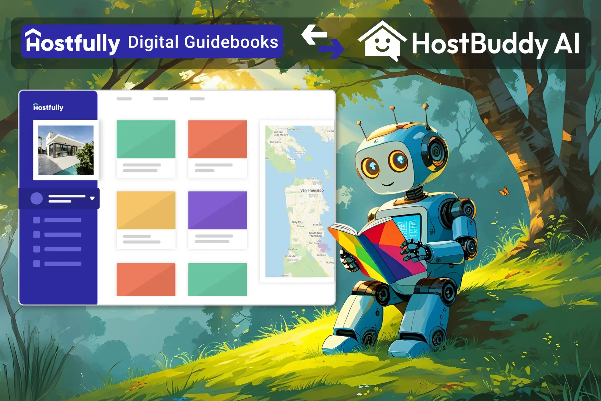 Hostfully Digital Guidebooks integration with HostBuddy AI, featuring a robot reading a book in a forest.