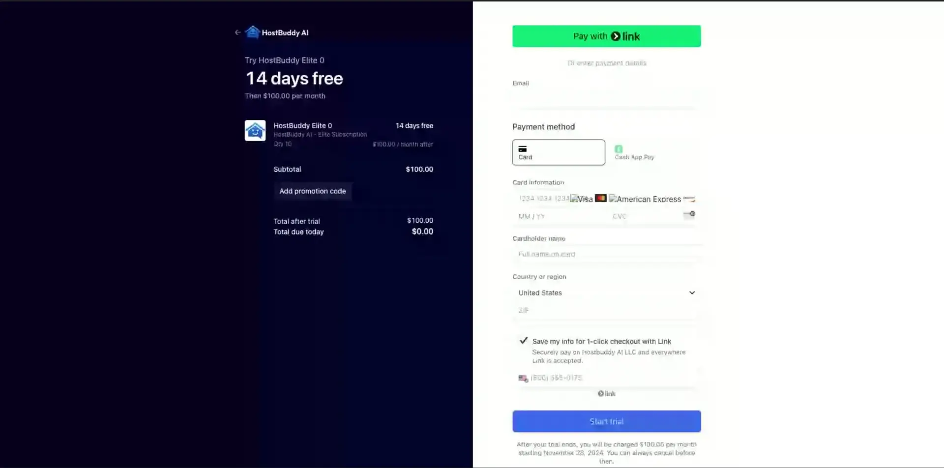 HostBuddy AI subscription page with 14-day free trial and payment options