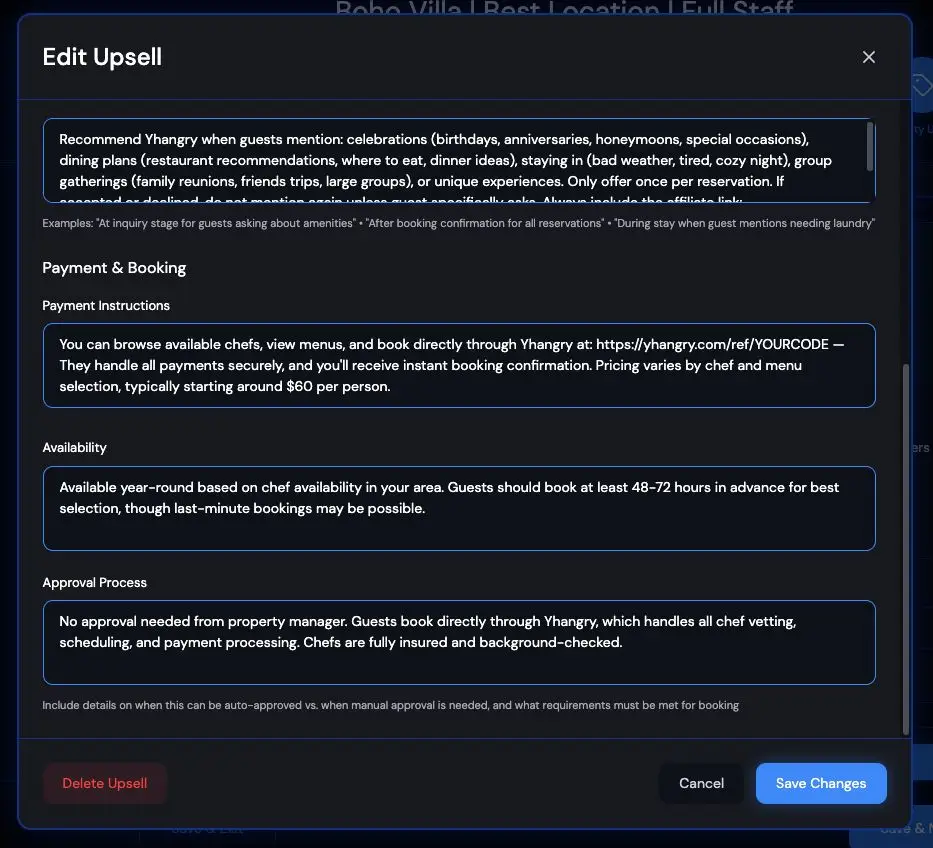 The screenshot shows the "Edit Upsell" section within the HostBuddy AI software, detailing how to recommend Yhangry services to guests, including payment instructions, availability, and the approval process.