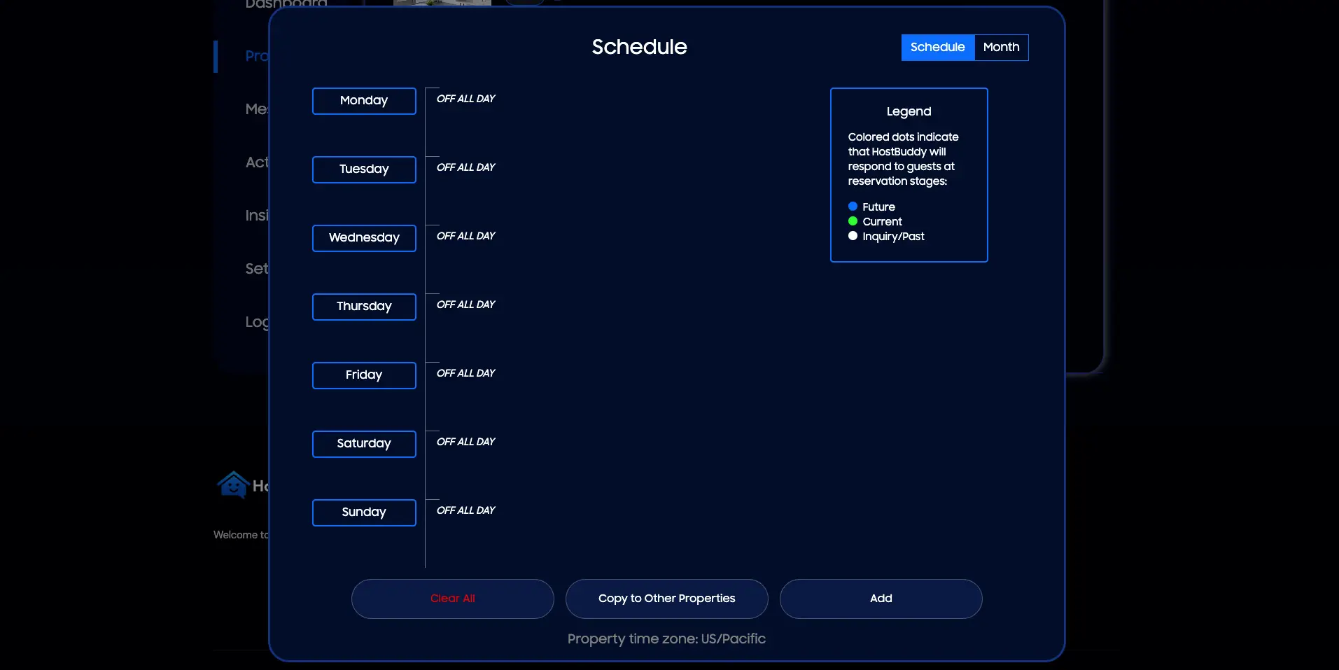 HostBuddy Schedule screen for Quick Start feature showing weekly schedule and legend.